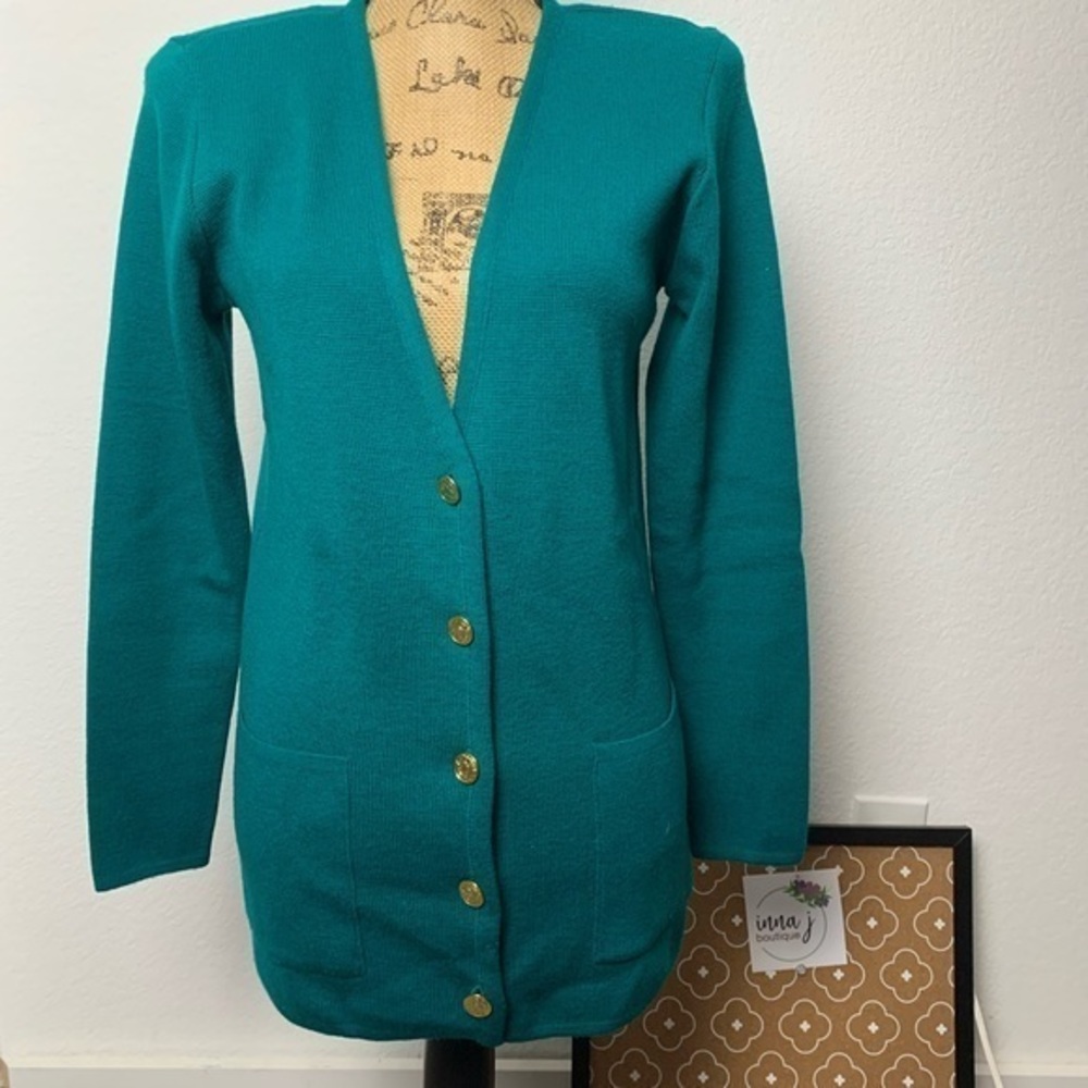 Vintage Nordstrom Merino wool cardigan |  XS blue green |gold buttons | B4